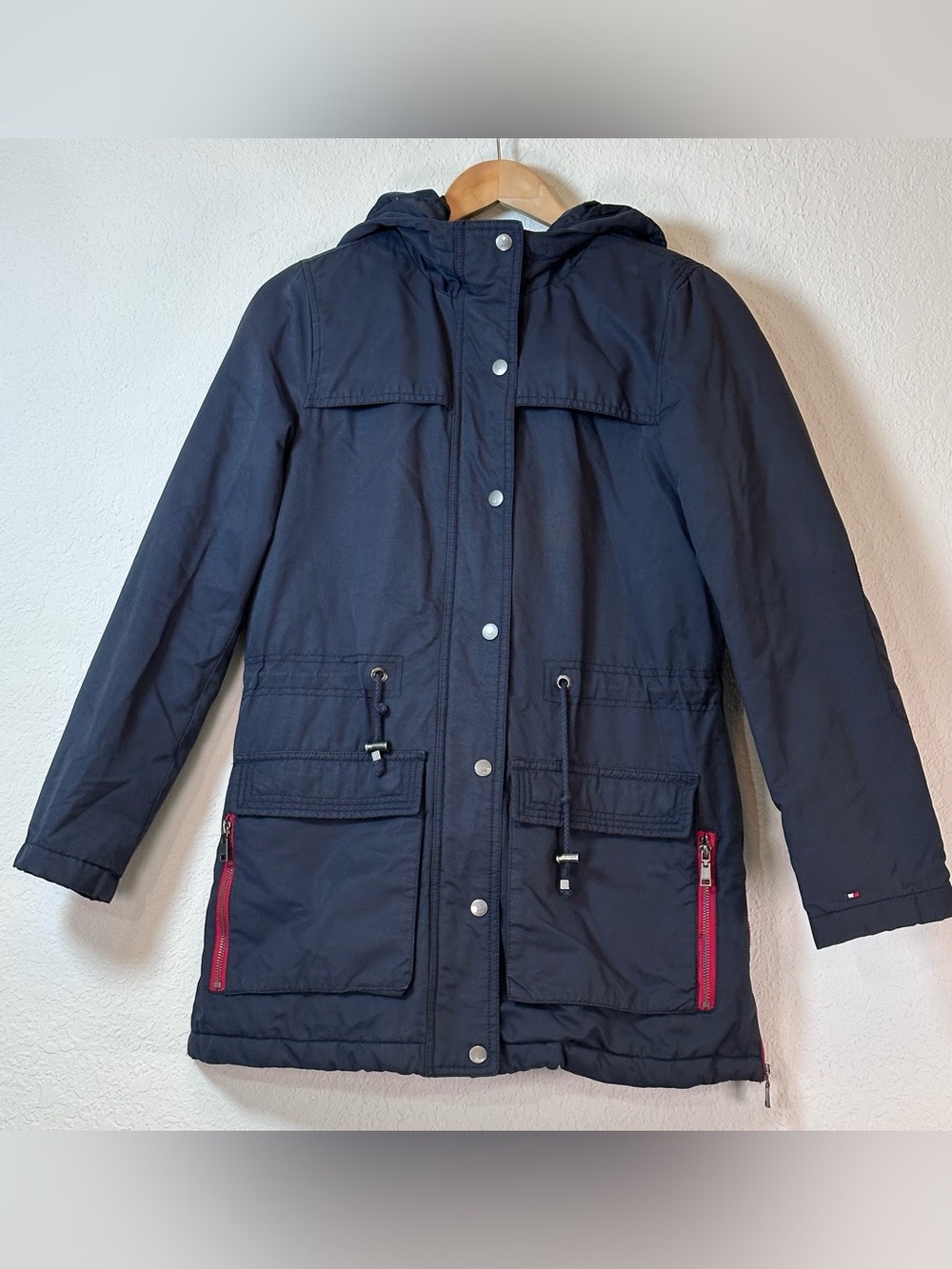 Tommy Hilfiger Navy Hooded Puffer Parka with Red Zip Accents